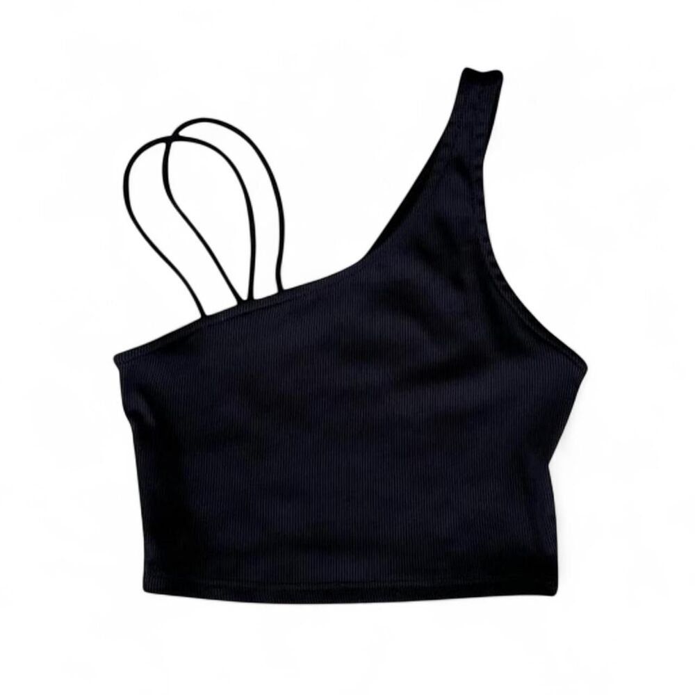 Bershka Black Asymmetrical Y2k Style Ribbed Crop Top With Double Straps
